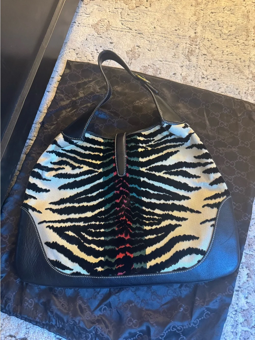 Gucci Black & White Zebra-Print Jackie Shoulder Hobo with Gold Hardware